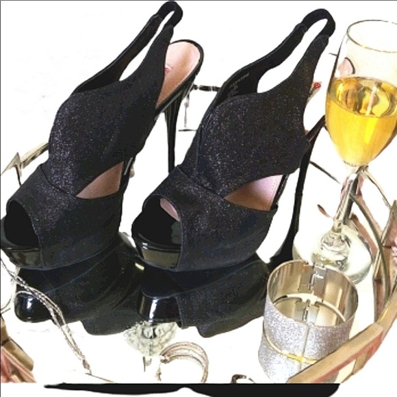 Black shimmer 5" stiletto heel platform shoes. - Picture 1 of 4